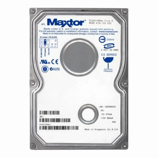 6Y080P0422811 Maxtor Diamond Max Plus 9 80GB 7.2K RPM ATA-133 133MB/s 8MB Cache 3.5-inch Hard Drive
SKU: 6Y080P0422811
Weight: 3.00 lbs
Condition: Refurbished
80GB 7200 RPM 3.5-inch IDE Ultra ATA/133 hard drive
8MB cache for improved data handling
Fluid Dynamic Bearing (FDB) motors for quieter operation
Maxtor Shock and Data Protection Systems for enhanced reliability