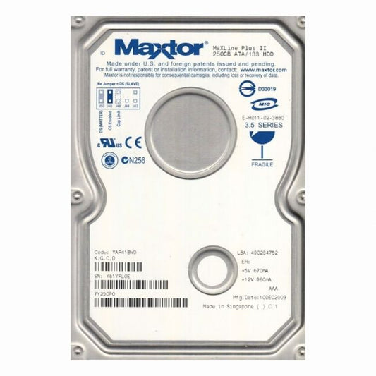 7Y250P0 Maxtor Maxline Plus II 250GB 7.2K RPM ATA/IDE-133 Ultra DMA 8MB Cache 3.5 Inch Hard Drive
SKU: 7Y250P0
Weight: 3.00 lbs
Condition: Refurbished
250GB 7200 RPM 3.5-inch internal hard drive
Ultra ATA/133 interface with 133MB/s burst transfer rate
8MB cache for efficient data handling
Average seek time of 9ms for quick data access