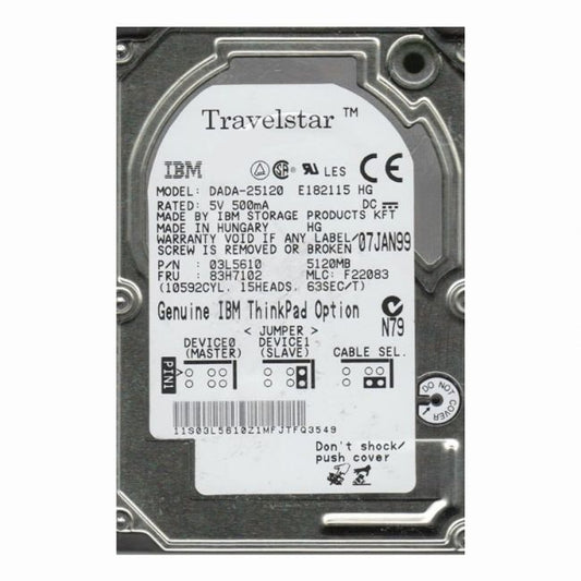 DADA-25120 IBM Travelstar 6GT 5GB 4.2K RPM IDE Ultra ATA/33 (ATA-4) 512KB Cache 2.5-inch Hard Drive for ThinkPad 2645 and 600
SKU: DADA-25120
Weight: 3.00 lbs
Condition: Refurbished
5.1GB storage capacity suitable for legacy laptop systems
4,200 RPM spindle speed ensures reliable data access
IDE Ultra ATA/33 (ATA-4) interface for compatibility with older devices
512KB cache in a 2.5-inch form factor for efficient performance