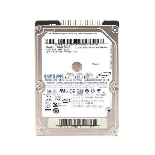 HM160JC Samsung SpinPoint M80 160GB 5400RPM IDE / ATA-100 8MB Cache 2.5-inch Hard Drive
SKU: HM160JC
Weight: 3.00 lbs
Condition: Refurbished
✔ 160GB capacity with 5400 RPM speed for efficient performance
✔ 8MB cache and IDE/ATA-100 interface for reliable data transfer
✔ 2.5-inch form factor, ideal for laptops and portable devices