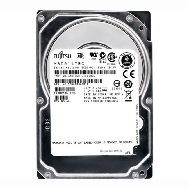 MBD2147RC Fujitsu 146GB 10K RPM 6Gb/s SAS 16MB Cache 2.5-inch Hard Drive
SKU: MBD2147RC
Weight: 3.00 lbs
Condition: Refurbished
146GB 10K RPM 6Gbps SAS 2.5-inch enterprise hard drive
16MB cache for efficient data handling
Average seek time of 3.8 ms for rapid data access
