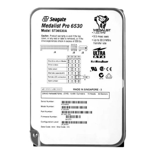 ST36530A Seagate Medalist Pro 9140 6.51GB 7.2K RPM IDE Ultra ATA/33 (ATA-4) 512 KB Buffer 3.5" Hard Drive
SKU: ST36530A
Weight: 3.00 lbs
Condition: Refurbished
✔ 6.51GB capacity with 7,200 RPM for dependable performance
✔ IDE Ultra ATA/33 (ATA-4) interface with a 512KB buffer for smooth data transfers
✔ 3.5" form factor designed for legacy systems and low-intensity workloads