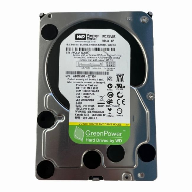 WD20EVDS-63T3B0 - Western Digital AV-GP 2TB 5400 RPM SATA 3Gb/s 512n 32MB Cache 3.5-Inch Hard Drive
SKU: WD20EVDS-63T3B0
Weight: 3.00 lbs
Condition: Refurbished
2TB storage capacity ideal for home media and surveillance systems
5,400 RPM spindle speed for quieter and cooler operation
3Gb/s SATA interface for stable data transfer rates
32MB cache buffer for smooth and efficient data access