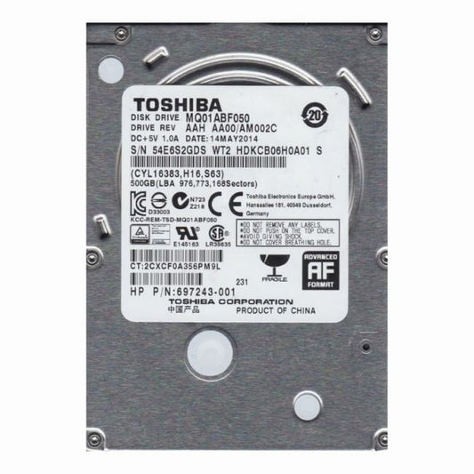 MQ01ABF050 Toshiba Mobile Thin 500GB 5.4K RPM 6Gb/s SATA 512e 8MB Cache 2.5-inch Internal Hard Drive